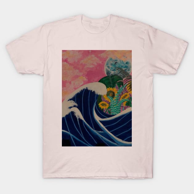 Waves engulfing sunflowers and the Moonlight T-Shirt by Ethereal Designs